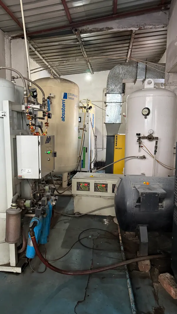 The oxygen generation plant, with its storage vessels, compressor and distribution pipework.